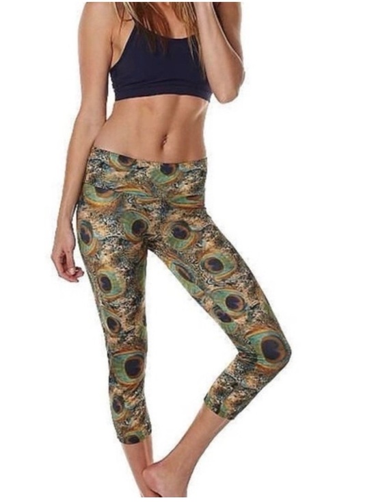 Onzie Pants - Onzie Peacock Feather Print Leggings in Teal, Gold & Navy